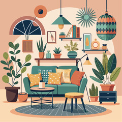 Modern living room and cozy cafe interior with stylish furniture and large window view