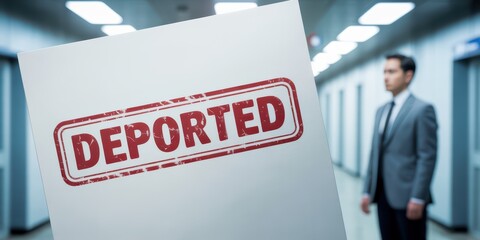 Man Stands Near "Deported" Sign in Empty Hallway