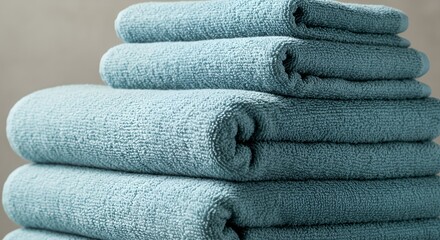 Stack of Soft Teal Bath Towels, Rolled and Neatly Arranged