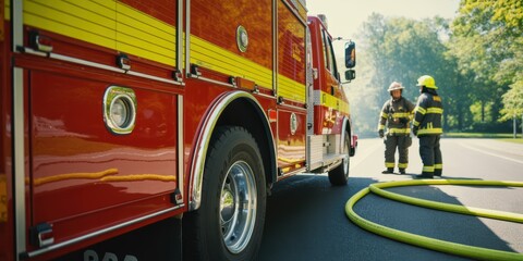 Firefighters and Firetruck on Urban Road