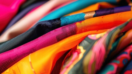Close-up of colorful, folded fabrics.  A variety of vibrant, patterned silks and satins.  Soft, flowing textures
