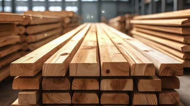 Stacked Wooden Planks in Industrial Warehouse with Natural Lighting and Detailed Grain Texture in a Carpentry Workshop Setting

