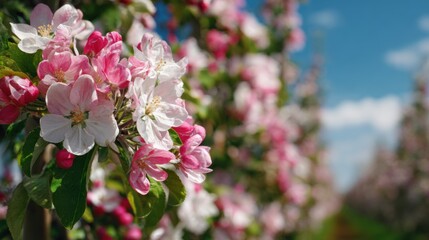 Obraz premium A Row Of Fruit Trees In Full Blossom