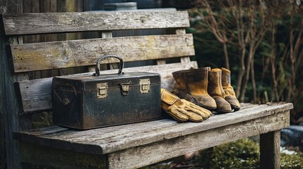 Wooden bench with vintage toolbox and gloves .