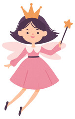 Young girl dressed as a fairy with a crown and magic wand in a delightful pose isolated on transparent background.