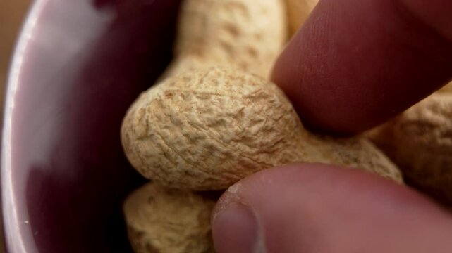 Unshelled peanuts and hand taking one roasted nut from red ceramic bowl. Macro shot