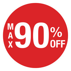 ”MAX90％OFF ”の文字入り　円形のイラスト　赤色　白文字　背景透過
