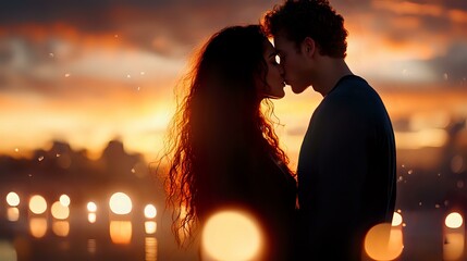 Romantic silhouette of young couple at sunset with bokeh lights, tender moment between lovers against dramatic orange sky and glowing background.