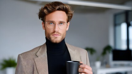 Stylish businessman in a modern office holding a coffee mug