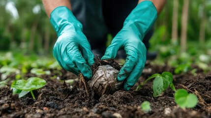 Naklejka premium A diligent gardener nurturing a small plant by planting seedlings in dark, rich soil, emphasizing the profound relationship between humans and nature through hands-on cultivation.