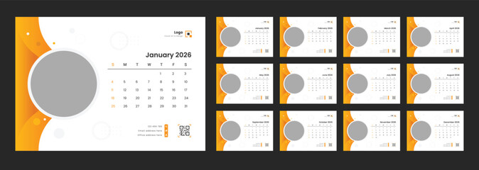New Year 2026 table calendar. Desk Calendar 2026 template. Calendar template for 2026 with week start on Sunday.