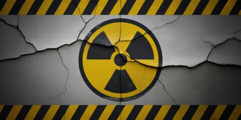 Nuclear Hazard Symbol on Cracked Wall with Warning Stripes