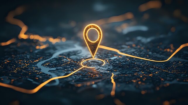 Glowing location pin marker on dark city map with illuminated streets and navigation lines. Modern GPS navigation concept for mobile apps and location services.