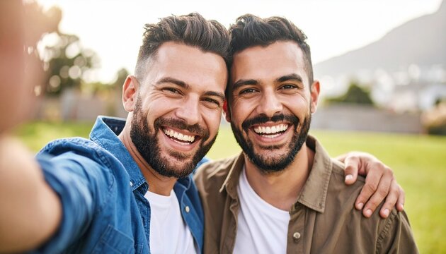 Happy Friends or Couple Taking a Selfie Together. Two Young Men Laughing and having Fun