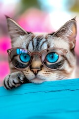 Stylish cat with bright blue eyes wearing trendy glasses resting head on turquoise surface against pink bokeh background, looking directly at camera.