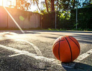 A sundrenched basketball on an outdoor court evokes sport, fitness, and recreation. Represents activity, teamwork, or a solitary game. Ideal for athletics, health, or motivational content.