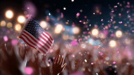 Crowd waving United States flag during celebration with colorful confetti at night event