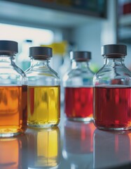Glass vials filled with colorful liquids in a sterile transfer area