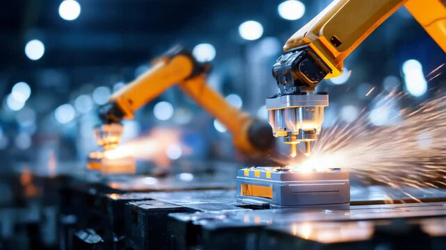 Industrial robot arm automation factory technology with sparks, advanced manufacturing, precision engineering, and innovation�robotic arm assembling metal components, showcasing modern industry