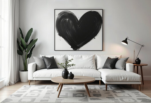 A chic and modern living room featuring a comfortable white sectional sofa, accented by a bold, black abstract heart painting for a touch of romantic expression.
