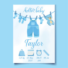 Fototapeta premium Cute blue baby clothes Baby birth details New born announcement Its a boy