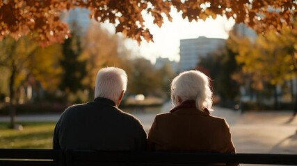 Senior couple enjoying park view during autumn season golden hour light - Powered by Adobe