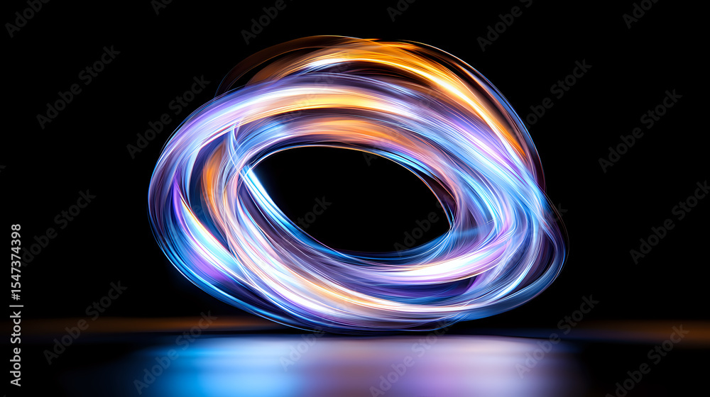 Poster glowing light trails form dynamic circular motion against dark background with blue reflection on su