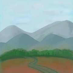 landscape of mountain and poppy field with dirt road