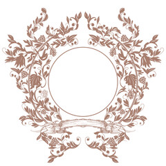 Luxury vintage crest frame hand drawn grape vine wreath
