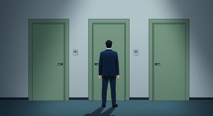 Fototapeta premium A businessman is at an impasse: three identical doors as a symbol of the illusion of choice, the lack of career growth, and the inability to move forward on the career ladder.