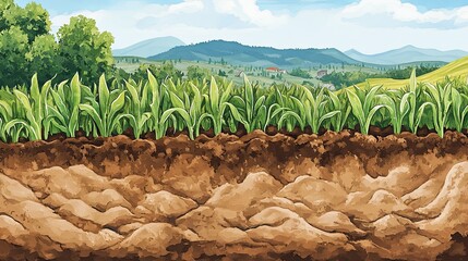 cartoonish comparison of clay soil and loamy soil, crop growth above .