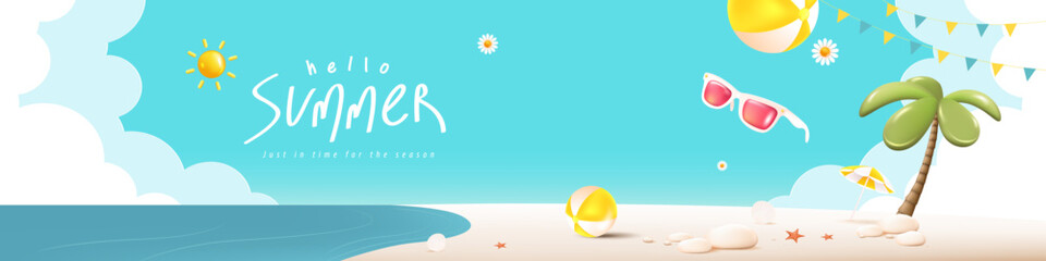 Obraz na płótnie Canvas Landscape summer banner showing tropical beach scene with palm tree, ocean view, and vacation elements in minimal style
