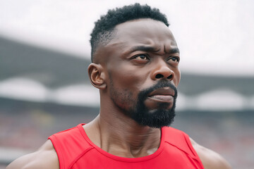 Focused athlete portrait. Closeup of determined man in red, looking forward. Illustrates motivation, leadership, sports achievement, or personal goals.