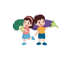 Cute cartoon illustration of a happy boy and girl carrying giant vegetables&mdash;a broccoli and an eggplant. The image promotes healthy living and teamwork in a fun, playful style.