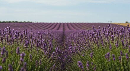 Fototapeta premium Lavender field with rows of blooming flowers under blue sky 
