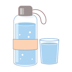 Modern flat illustration of plastic water bottle and drinking glass, fresh aqua, portable hydration, wellness design