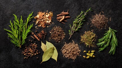 Assorted herbs and spices in artistic arrangement, celebrating natural flavors and culinary diversity