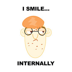Quirky ginger character, glasses, comic style, internal smile, humorous slogan, modern digital illustration
