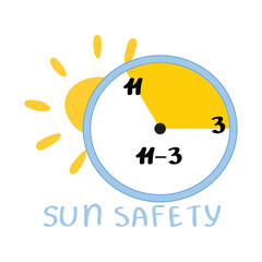 Sun exposure warning, safe hours, clock face, summer health, sun care, educational infographic art