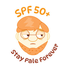 Vector of pale ginger nerd boy, SPF 50 sunscreen joke, summer sun protection humor