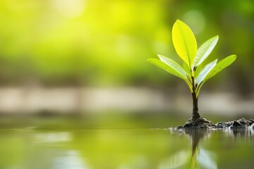 Two young plants are growing in a stream of water