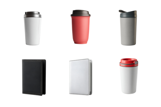 A collection of stylish drinkware including various coffee cups and travel mugs in different colors. Perfect for showcasing beverage culture and modern lifestyle.
