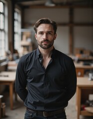 Obraz premium Male designer in a minimalist furniture workshop, showcasing craftsmanship