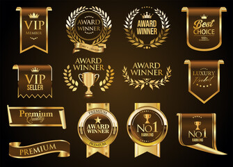 Naklejka na ściany i meble Premium Quality label sticker Brown and Gold badges and icons with Number 1 and laurel wreath for the Best product 