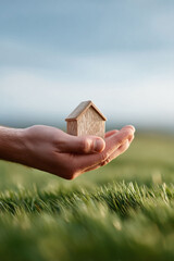 A mans hand gently holds a wooden house model over a green field. Illustrates safety, investment, dreams, and future homes. Ideal for real estate and eco themes.
