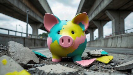 Colorful savings bank among broken concrete on an urban street, evoking feelings of neglect and financial struggle