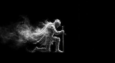 Knight kneeling with sword surrounded by smoke on black background  