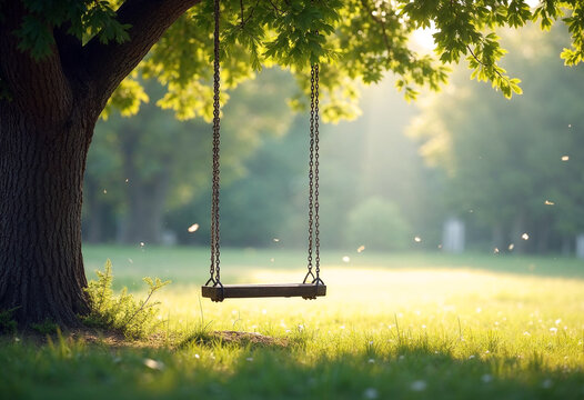 Peaceful swing under large tree with soft morning sunlight shining through. Serene outdoor scene evoking nostalgia, nature, and childhood memories.