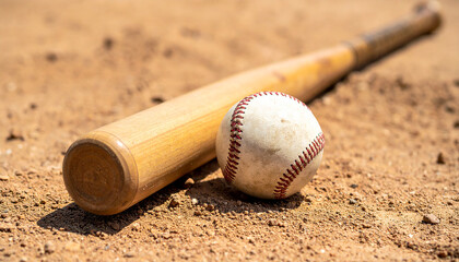 Leather baseball and wooden bat lying on the ground on baseball field. Professional active sport.
