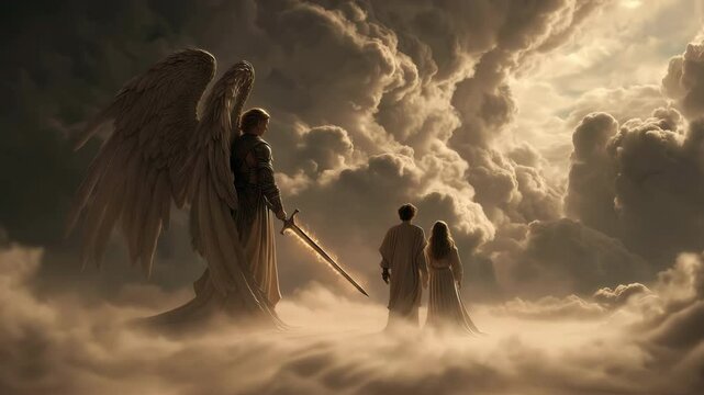 Photorealistic scene depicting a majestic angel guarding Eden, surrounded by ethereal clouds and a warm glow, evoking a sense of divine protection and serenity. inspired by genesis 3:24.